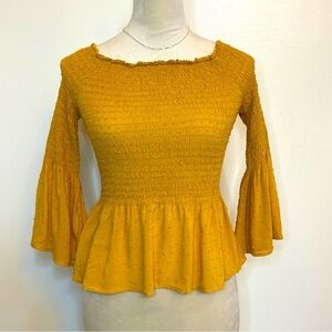 Boho Cottagecore Smocked Peplum Top Mustard Yellow Bell Sleeves Size Small